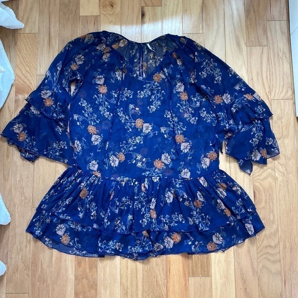 Free People Floral Boho Tiered Tunic Mini Dress size S - Picture 3 of 8